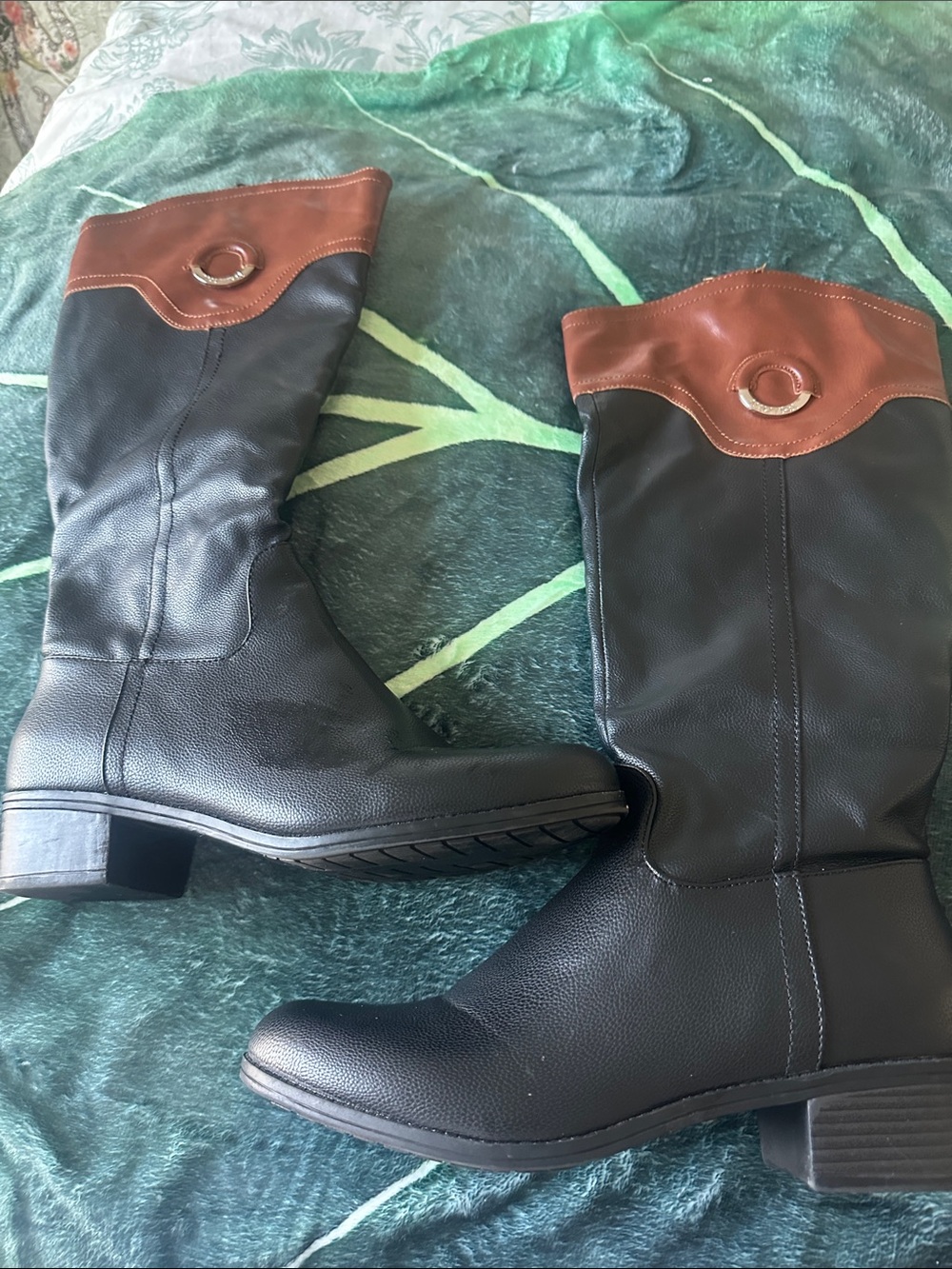 Nautica Black Leather Knee Boots with Brown Cuff and Ring Detail